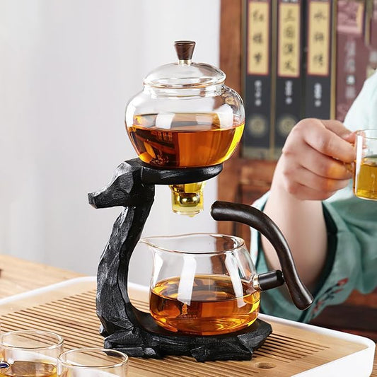 Lazy Kungfu Drip TeaPot, Heat Resistant Tea Set, Semi-Automatic Glass Teapot Suit for Magnetic Water Flow Wooden Glass Teapot Set