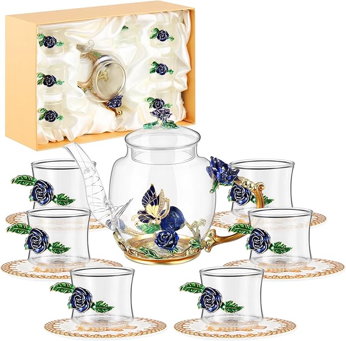 7 Pcs Floral Glass Tea Set Women Christmas Teapot Set for Adults Glass Tea Gift for Mom Party Mother's Day Birthday, Fancy Pot Cups with Gift Box(Blue) - Bloomnest
