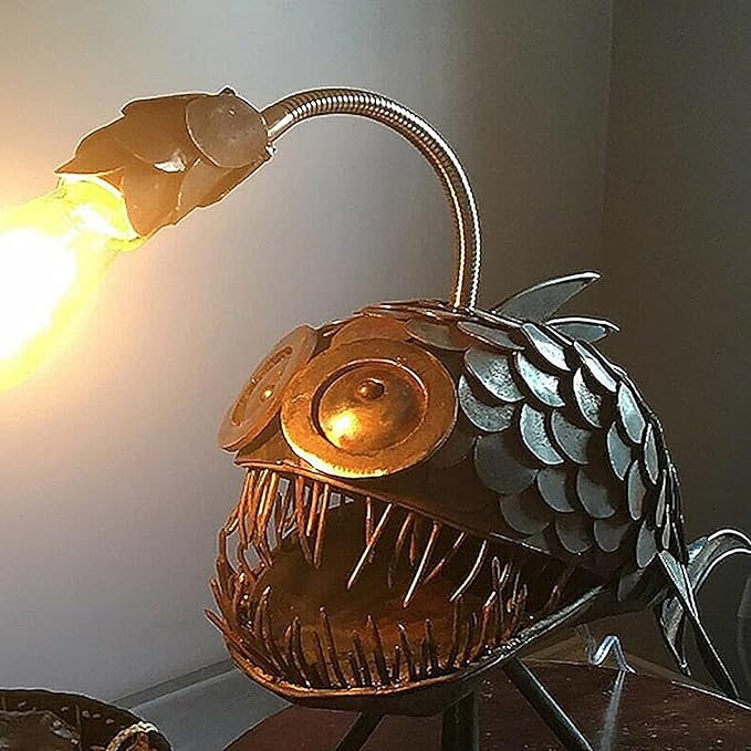 CAFELE Rustic USB Angler Fish & Shark Lamp - Steampunk Style Table Light, Simulation Flame LED Bulbs, Handmade Night & Book Light, Industrial Creative Decor for Home/Office (Small) - Bloomnest