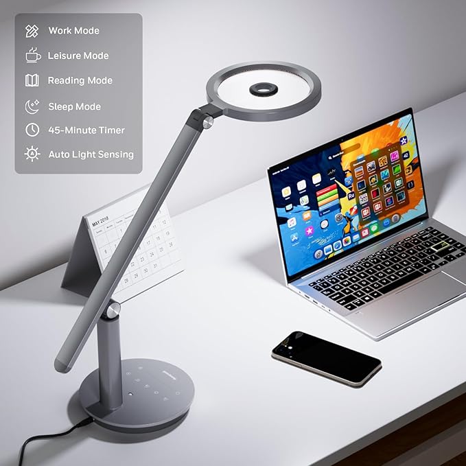 Honeywell Desk Lamp for Home Office, H6 Sunturalux™ Eye-Caring Led Desk Light, 800LM Dimmable Desk Lamp with Timer, Touch Control Tall Desk Reading Light, Table Lamp for Circle Webcam, Study, Bedroom - Bloomnest