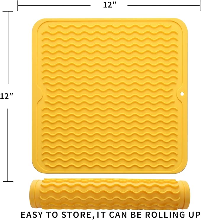 Silicone Dish Drying Mat for Multiple Usage,Easy clean,Eco-friendly,Heat-resistant Silicone Mat for Kitchen Counter or Sink,Refrigerator or Drawer liner Yellow M 12 inches x 12 inches - Bloomnest
