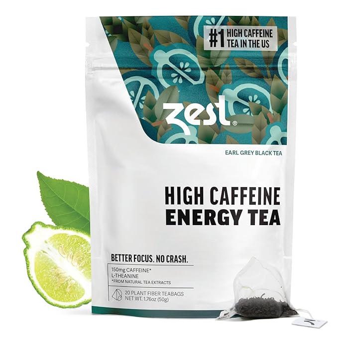 Zest High Caffeine Black Tea Bags – Earl Grey Energy Tea with Natural Bergamot – 150mg Caffeine per Cup – Focus & Morning Breakfast Tea for Energy – Caffeinated Coffee Substitute – 20Ct Pack - Bloomnest