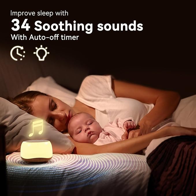 White Noise Sound Machine with 7 Colors Night Light 34 Soothing Sounds, Portable Sound Machine for Baby Adults Kids Sleep with 30 Volume Levels 4 Timers Adjustable Brightness (Wood Grain) - Bloomnest