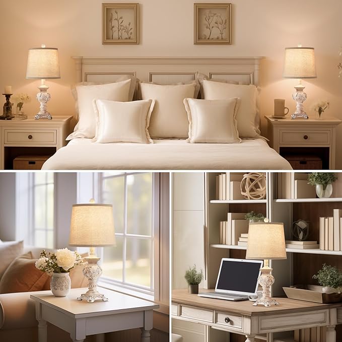 21'' Small Table Lamps for Bedroom Bedside Lamps Set of 2 Farmhouse Nightstand Lamps with Carved Floral Vintage Side Table Lamps for Living Room Kids Office, White, Bulb Not Include - Bloomnest