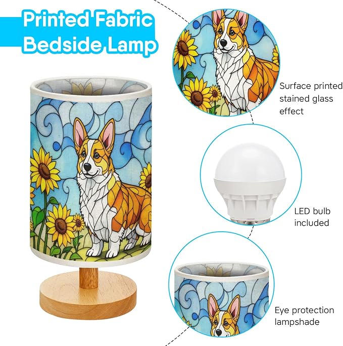 Corgi Table Lamp LED 3-Color Pressed Bedside, Dog Shade Lamp with Wood Base for Bedroom Living Room Desk Office - Bloomnest