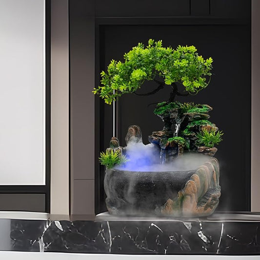 Rockery Water Fountain Desktop, Table Top rockeries Indoor Water Fountains Rockery & Bonsaim, Waterfall Fountain Indoor with LED Light for Home Office Bedroom Relaxation Desk Decor, 110V