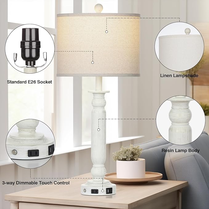 28.5" Tall Farmhouse Table Lamps Set of 2 for Living Room, 3-Way Dimmable Touch Lamps with USB C+A Ports & AC Outlet, Bedside Nightstand Lamps with Linen Shade for Bedroom - Bloomnest