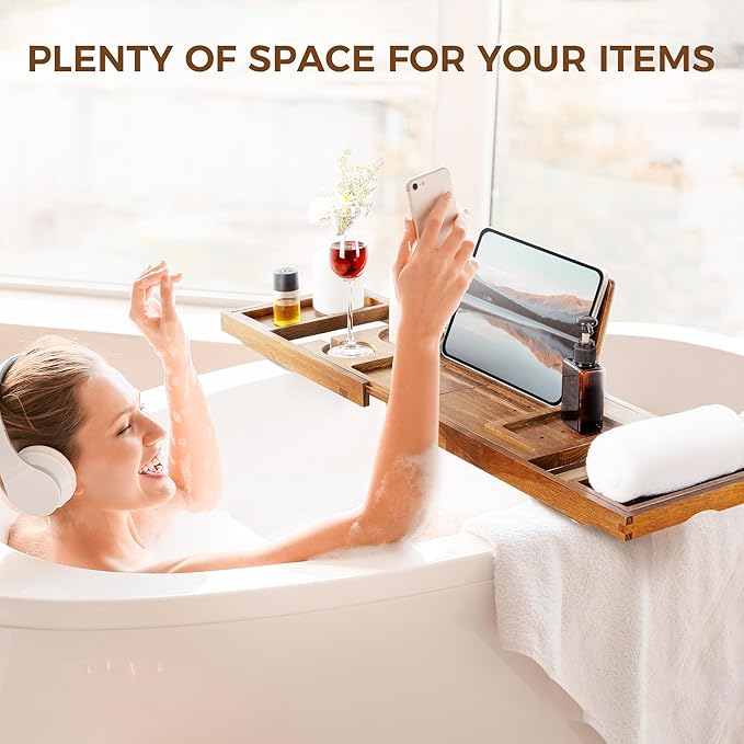 Teak Bathtub Tray - Luxury Bath Tray with Expandable Handles, Wine Glass and Phone Holders, Book Stand - Perfect for Home Spa Relaxation and Reading - Natural Bath Accessories - Light Walnut Color - Bloomnest