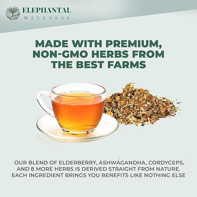 Elephantal Wellness Premium Immuni-Tea | Immune System & Respiratory Support with Reishi, Clove, Echinacea & Elderberry | Handmade, Caffeine-Free, Non-GMO Loose Leaf Blend, 2oz, 20 Servings - Bloomnest