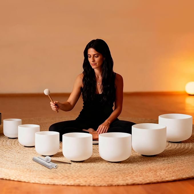 RYAN DVAN 432Hz 7-12 inch Crystal Singing Bowl Set of 7 with Free Carrying Case, Frosted Quartz Sound Bowls for Chakra Healing, Meditation,Yoga,Sound Therapy,Mindfulness,Relaxation & Stress Relief - Bloomnest
