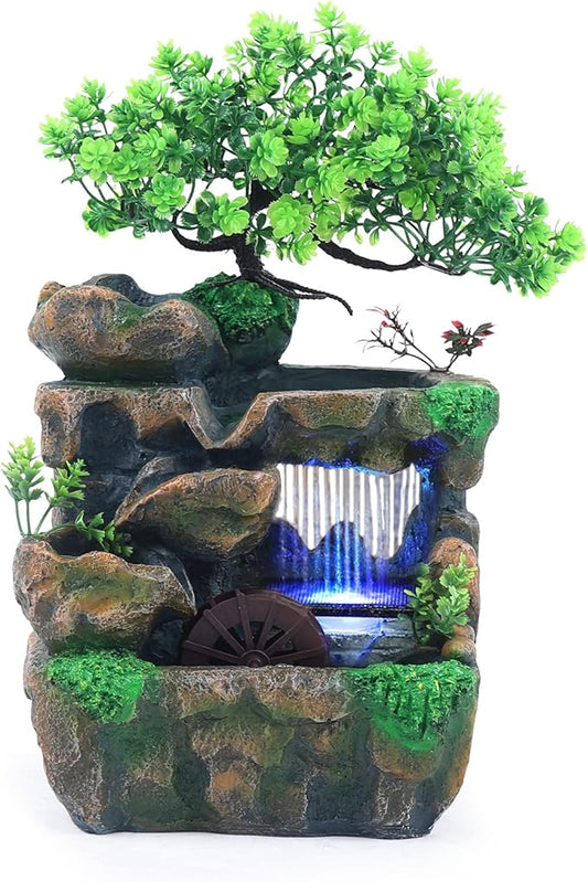 11.81" Tabletop Rockery Fountain Indoor Waterfall Bonsai Desktop Mini Rockery Water Fountain with Automatic Pump and LED Light, Home Office Bedroom Humidifier Desk Decorate - Bloomnest