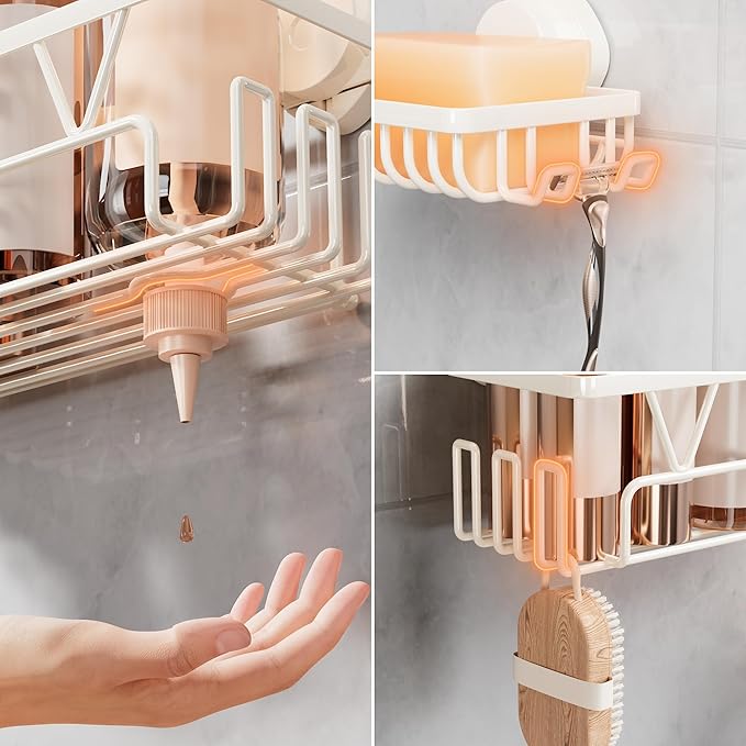 KEGII Suction Cup Shower Caddy, 2 Pack Shower Suction Shelf with Soap Holder & Hooks, No Drilling Bathroom Organizer, Stainless Steel Shampoo Holder for Bathroom Storage Basket, Cream White - Bloomnest