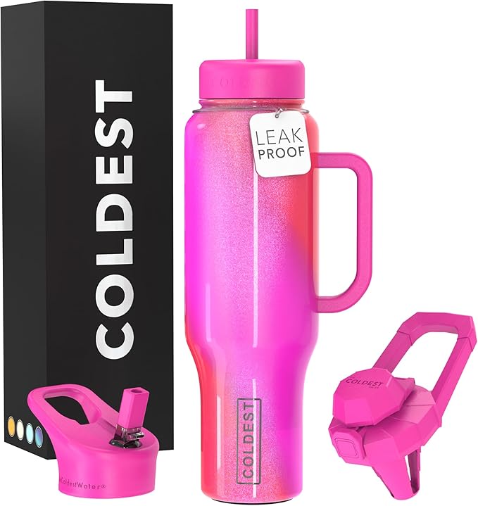 Coldest Tumbler with Handle and Straw, 100% Spill Proof Tumbler with Straw (3 Lids), Stainless Steel Insulated Leakproof Tumblers for Women Men, Cup Holder Friendly, 46 oz (Kissed Dream) - Bloomnest