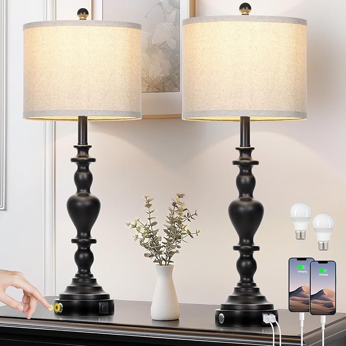 Farmhouse Table Lamps Set of 2, 27" Black Vintage Bedside Lamps with USB A+C Charging Ports, 3-Way Dimmable Touch Control Rustic Nightstand Lamp for Living Room Office(Bulbs Included) - Bloomnest