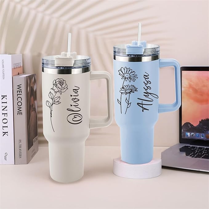 ThermoThrill Ships Next Day, Personalized 40 Oz Tumbler with Handle and Straw Custom Tumbler with Text Stainless Steel Mug Birthday Gifts for Women - Bloomnest