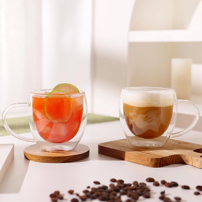 CNGLASS Double Walled Glass Coffee Mugs with Handle,12oz Insulated Glass Mugs with Handle,Clear Espresso Cups for Latte,Cappuccino,Tea Bag,Set of 2 - Bloomnest