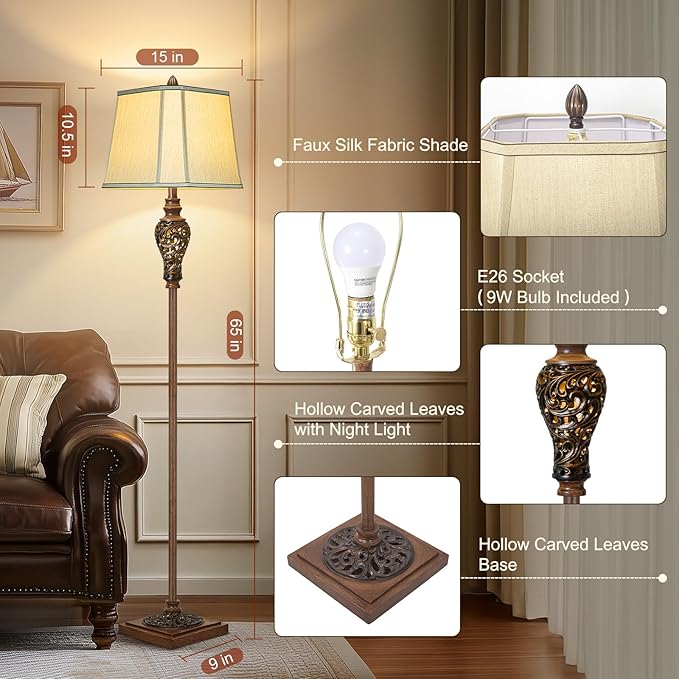 Vintage Floor Lamp with Nightlight, 65" Rustic Standing Lamp with Beige Faux Silk Shade, Farmhouse Style Design Tall Lamp Decor for Living Room Bedroom Study Home Office Corner- Bronze (Bulb Included) - Bloomnest