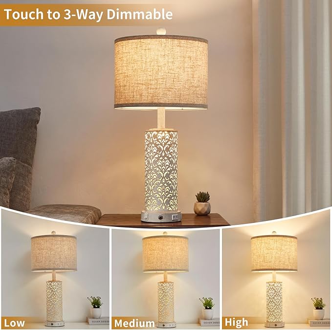 26" Farmhouse Table Lamp Dual Light, 3-Way Dimmable Touch Lamps, Rustic Nightstand Bedside Lamps with 2 USB Ports + AC Outlet, Modern Nightlight for Living Room Bedroom and Nightstand - Bloomnest