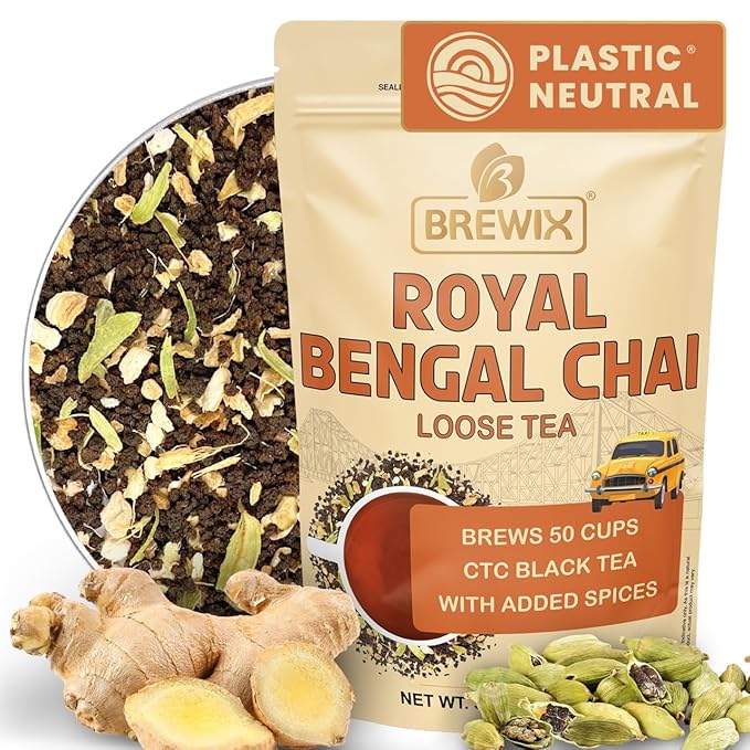 BREWIX, Royal Bengal Masala Chai Tea with Ginger and Cardamom | Loose Leaf CTC TEA (50+ Cups, 3.53oz/100g) Strong Robust & Aromatic, All Natural | Blended with Exotic Spices - Bloomnest