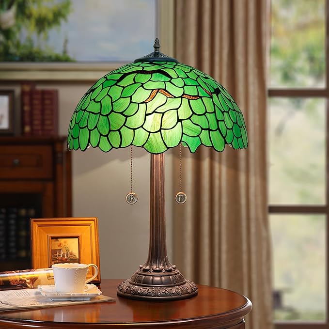 Tiffany Lamp Stained Glass lamp 16 inches Bedside Table Lamps for Living Room Bedroom Dorm Kitchen Home Decor Festival Birthday Gift,Green Leaf - Bloomnest