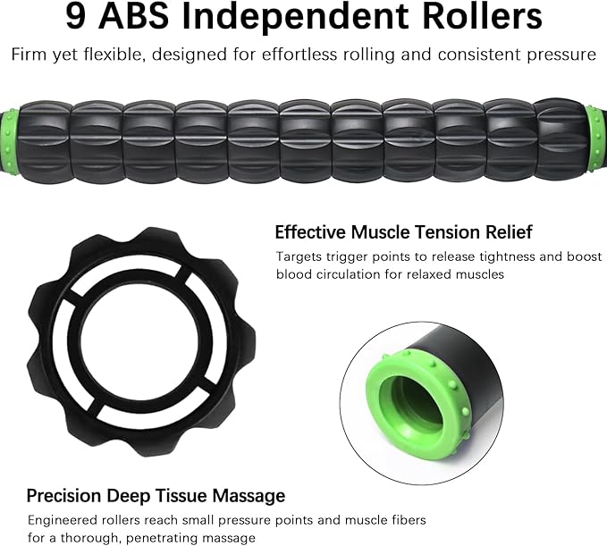 Muscle Roller Massage Roller Stick- Deep Tissue Fascia Blaster for Myofascial Pain Relief, Lymphatic Drainage & Body Sculpting, Handheld Physical Therapy & Recovery Tool (Green black-18 inch) - Bloomnest