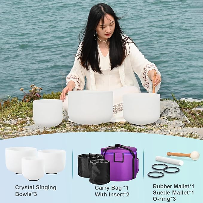 CVNC 440HZ 7"G+9"E+11"C 3 PCS Frosted Crystal Singing Bowls Set with Bag Mallets and Rubber O-rings for Sound Healing Bath Therapy Meditation Yoga Instrument Zen - Bloomnest