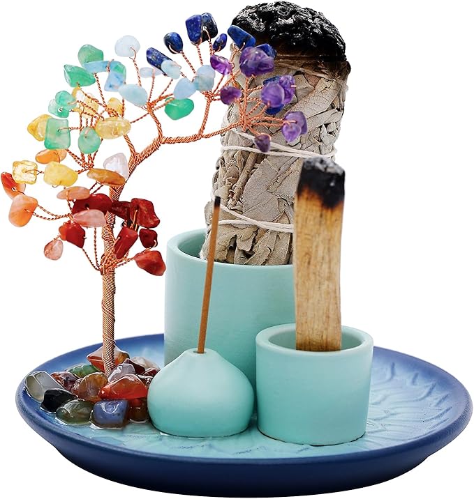 5 in 1 Incense Burner Holder with Crystal Tree for Burning Palo Santo Stick, Sage, Incense Sticks, Candle, Ceramic Tray Ash Catcher, Meditation Gift (Sky-Blue) - Bloomnest