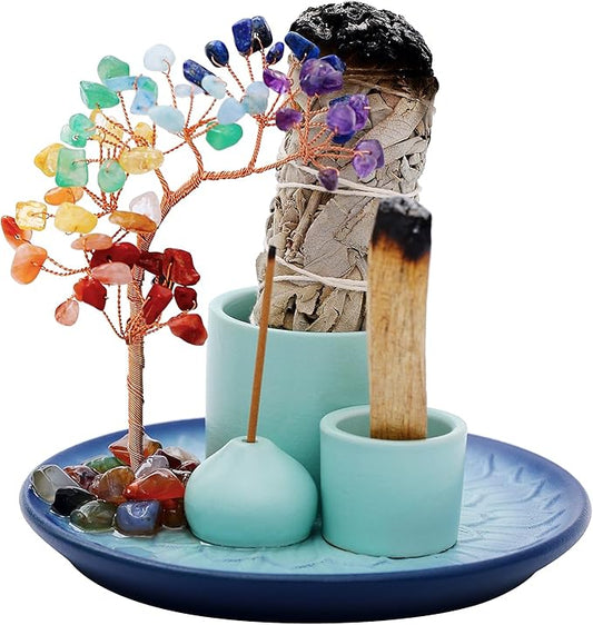 5 in 1 Incense Burner Holder with Crystal Tree for Burning Palo Santo Stick, Sage, Incense Sticks, Candle, Ceramic Tray Ash Catcher, Meditation Gift (Sky-Blue) - Bloomnest