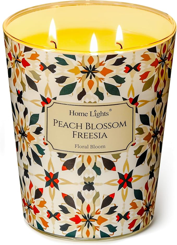 HomeLights 3-Wick Candles for Home Scented - 34oz Soy Wax Blend Candle Long-Lasting Fragrance, Bohemian Natural Textures Home Decor and Housewarming Gifts, Peach Blossom Freesia - Bloomnest