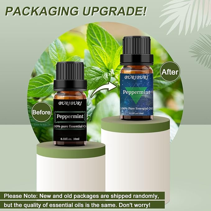 BURIBURI Peppermint Essential Oil 100% Pure, Undiluted, Natural, Organic Aromatherapy Mint Essential Oils 10ML for Diffuser, Soap Candle Making BURIBURI