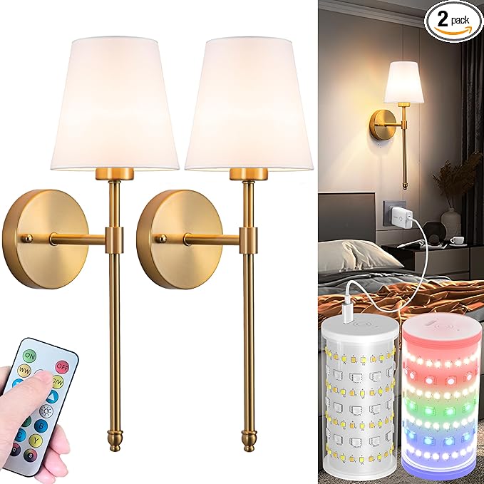 Battery Operated Wall Sconces Set Of 2, Wireless Battery Wall Light With 10000mAh RGB Rechargeable Magnetic Bulb, Rechargeable Wall Sconce With Remote Control For Bedroom, No Electrician Required - Bloomnest