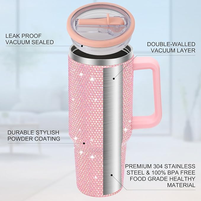 40 oz Tumbler with Handle and Flip Straw Lid, Insulated Leak Proof Double Walled Stainless Steel Rhinestone Diamond Studded Bling Travel Mug Tumblers, Maintains Cold Ice and Heat for Hours - Bloomnest