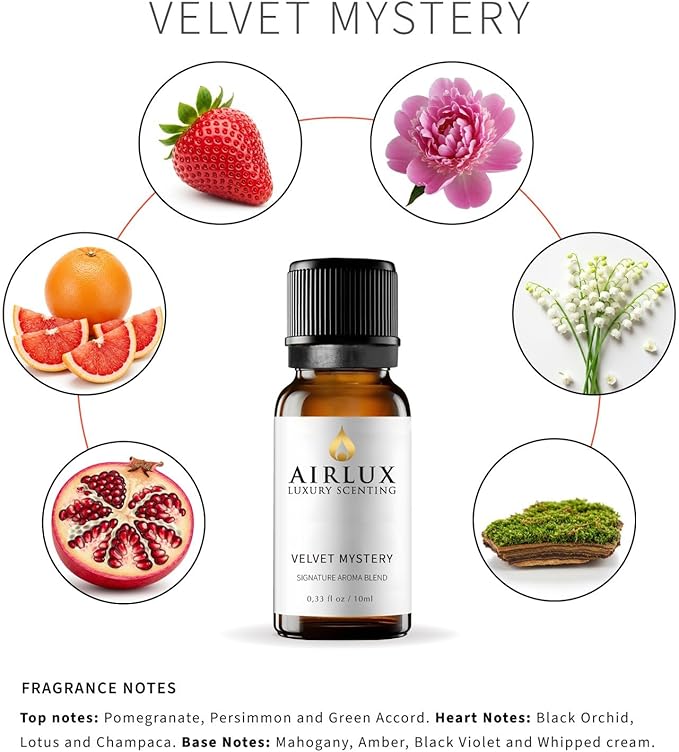 Signature Aroma Oil No. 85 Velvet Mystery – Pomegranate, Persimmon, Green Accord – Aroma Oil for Cold Air & Waterless Diffusers and DIY Crafts – 10 mL, 0.34 fl oz Glass Bottle Airlux