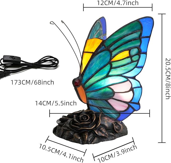 Small Teal and Green Tiffany Style Butterfly Table Lamp for Girls Gift Cute Fun Bedside Desk Lamps Stained Glass Lamp Colorful Vintage Art Unique Bedroom Nightstand Decor Accent Night Light Rose Base - Bloomnest