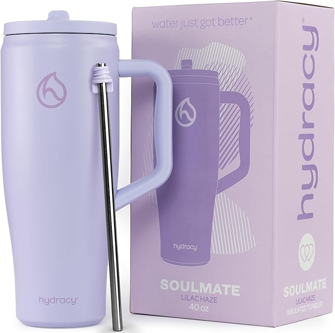 Hydracy Soulmate 40oz Tumbler with Handle and Flip Straw - 100% Leakproof Reusable Insulated Cup with Stainless Steel Straw - Cupholder Friendly Rubber Base Travel Mug - Lilac Haze - Bloomnest