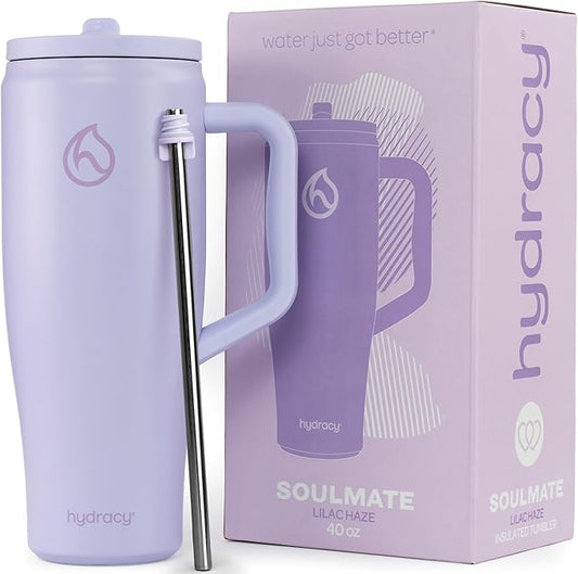 Hydracy Soulmate 40oz Tumbler with Handle and Flip Straw - 100% Leakproof Reusable Insulated Cup with Stainless Steel Straw - Cupholder Friendly Rubber Base Travel Mug - Lilac Haze - Bloomnest