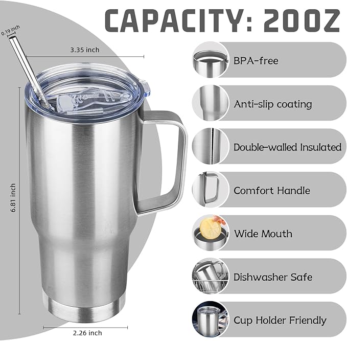 20 oz Tumbler with Handle Stainless Steel Insulated Coffee Mug Tumbler with Lid and Straw Double Wall Vacuum Insulated Coffee Mug Leak Proof Travel Mug Tumbler for Hot and Cold Drink (Silver,4pack) - Bloomnest