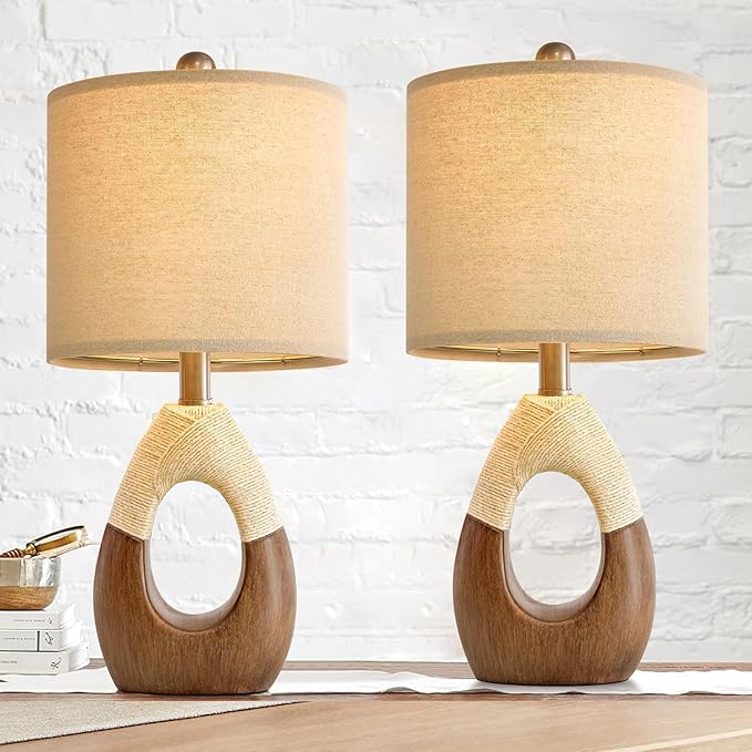 OYEARS Boho Table Lamps Bedroom Living Room Set 2,Suitable for Small Space,Farmhouse RattanTable Lamp 19”Rustic Egg Design Resin Light Decoration,Nightstand Bedside Lamps for Office Study Rest - Bloomnest