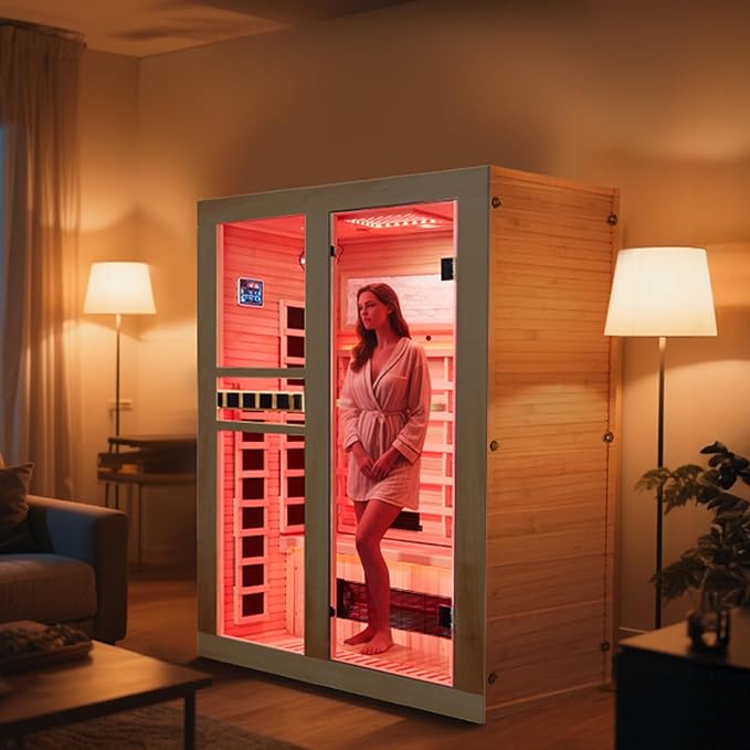 Full Spectrum Infrared Sauna, 2 Person Home Sauna with Red Light Therapy, 15 Minutes Pre-Warm up Indoor Dry Saunas with 2-in-1 Door Handle, 7 Color Light Belts, Canadian Hemlock, 110V BNEHSDirect