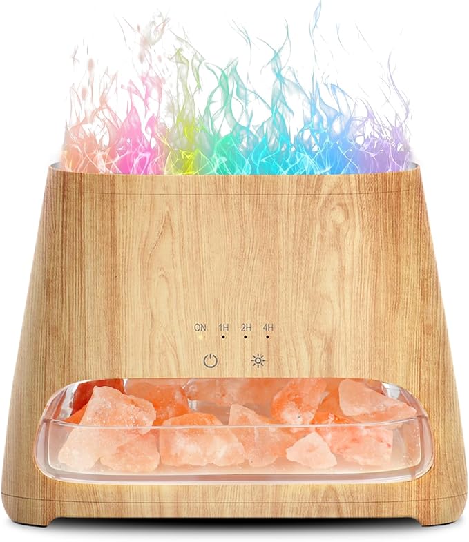 SALKING Colorful Flame Fire Diffuser Humidifier, Himalayan Salt Lamp, 7 Colors Changing Oil Diffuser, Ultra-Quiet Essential Oils Aromatherapy Diffusers for Large Room, Bedroom,150ml (Wooden Grain)