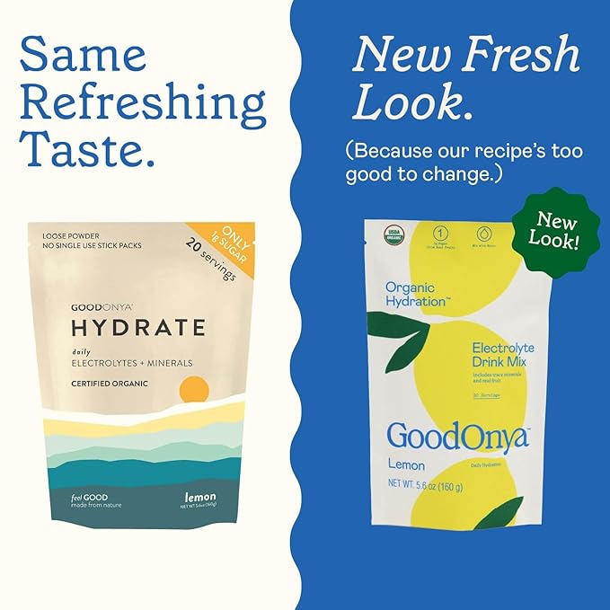 GOODONYA Organic Hydration Electrolyte Drink Mix, Certified Organic Hydration Powder, Non-GMO, Biochecked Glyphosate Free, Low Sugar, Lemonade Flavor, No Artificial Flavors, 20 Servings - Bloomnest