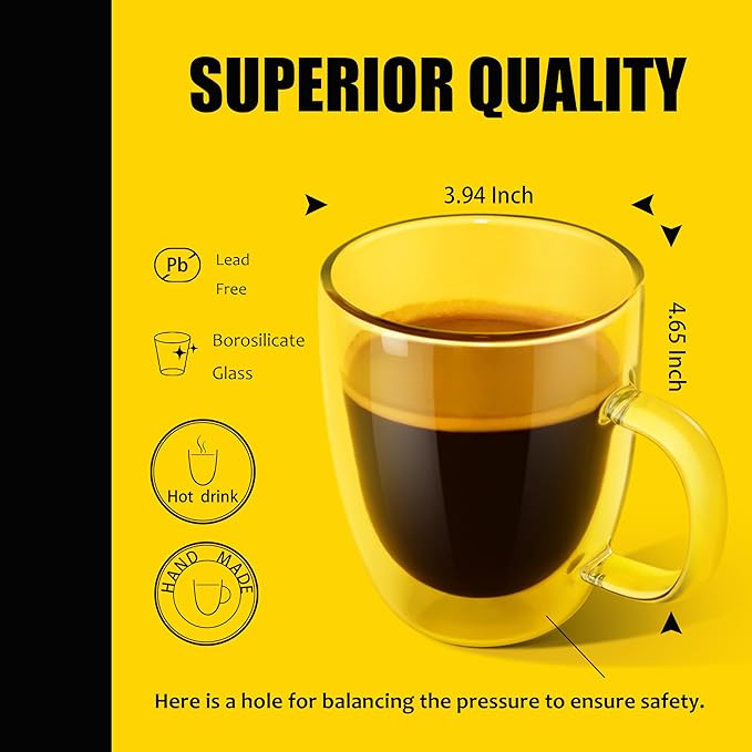 PunPun 17OZ. 500ml Clear Coffee Mugs, Glass for Coffee, Double Wall Insulated Glass Mugs with Big Handle, Every Day for Americano, Latte, Cappuccinos and Beverage.Set of 4 - Bloomnest
