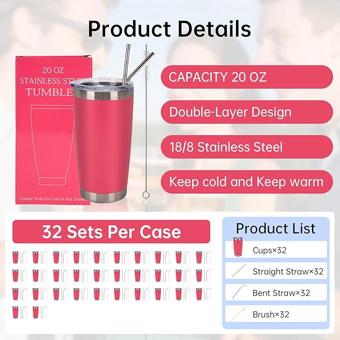 IEOVIEE 32 Pack, 20oz Stainless Steel Bulk Tumblers with Lids and Straws, Double Wall Insulated Travel Mug, Durable Powder Coated Tumbler Bulk Cup for Cold and Hot Drinks(Hot Pink) - Bloomnest