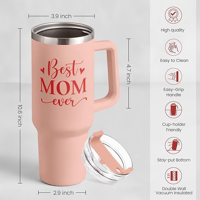 SANDJEST Mom Gifts Best Mom Ever Tumbler Stainless Steel 40oz with Handle Insulated Travel Cup - Mom Travel Coffee Mug, Mother's Day Christmas Birthday Gifts from Son Daughter - Bloomnest