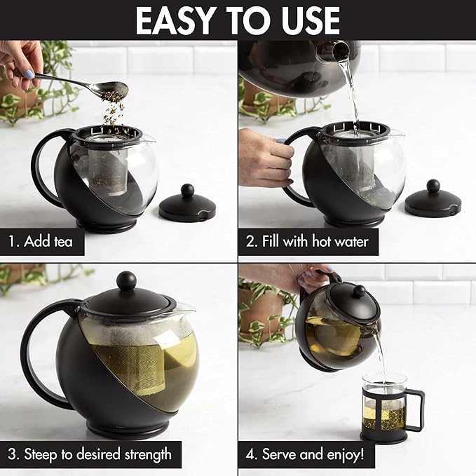 Primula Half Moon Teapot Set with 4 Tea Cups, Removable Stainless Steel Filter and Infuser, Glass Tea Maker, Filter, Dishwasher Safe, 40-Ounce, Tea Gift Set, Tea Set for Service of 4 Adults
