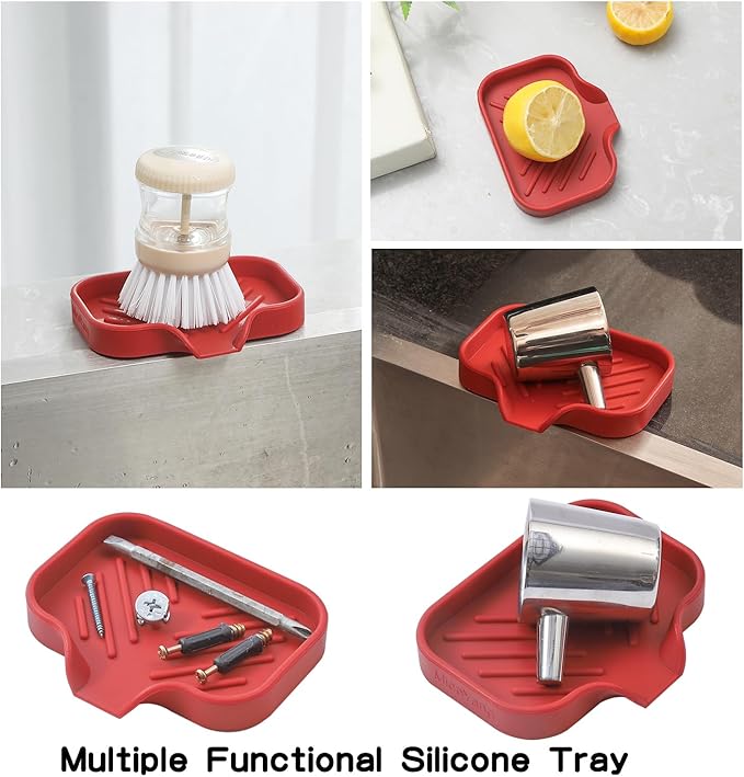 Silicone Bathroom Soap Dishes with Drain Spout-Bathroom and Kitchen Sink Organizer,Sponge Holder,Dish Soap Tray,Perfect for Dispenser,Scrubber,Bottle,Cup on Sink or Counter-Red 4.9"×3.2" - Bloomnest