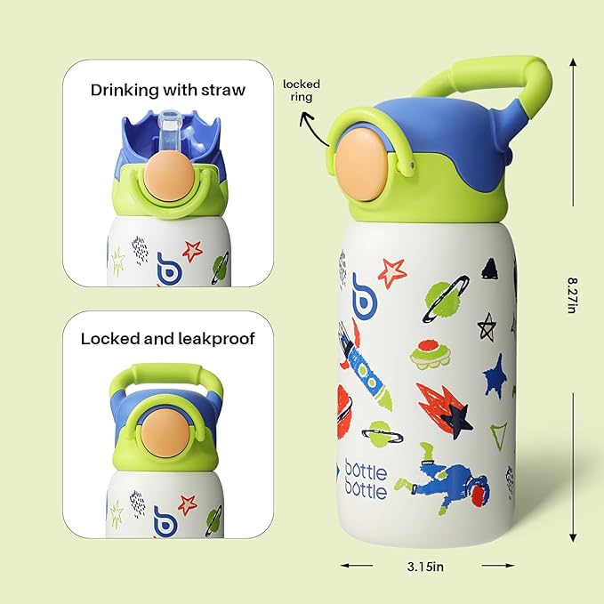 BOTTLE BOTTLE Kids Insulated Water Bottle with Straw Lid and Handle 16 oz Stainless Steel Vacuum Tumbler Water Bottles for School Outdoor Travel Gifts for Boys and Girls Astronaut - Bloomnest