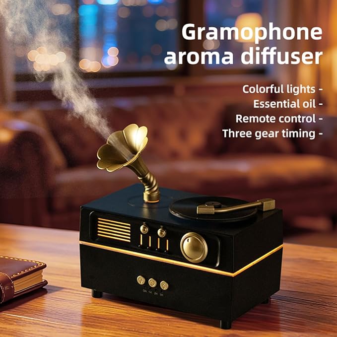 Daroma Essential Oil Diffuser, Retro Phonograph Design with Music Player, 7-Color LED Lights, Low-Noise Aromatherapy Humidifier for Home Office, Unique Gift Idea (Black) DaromaLife