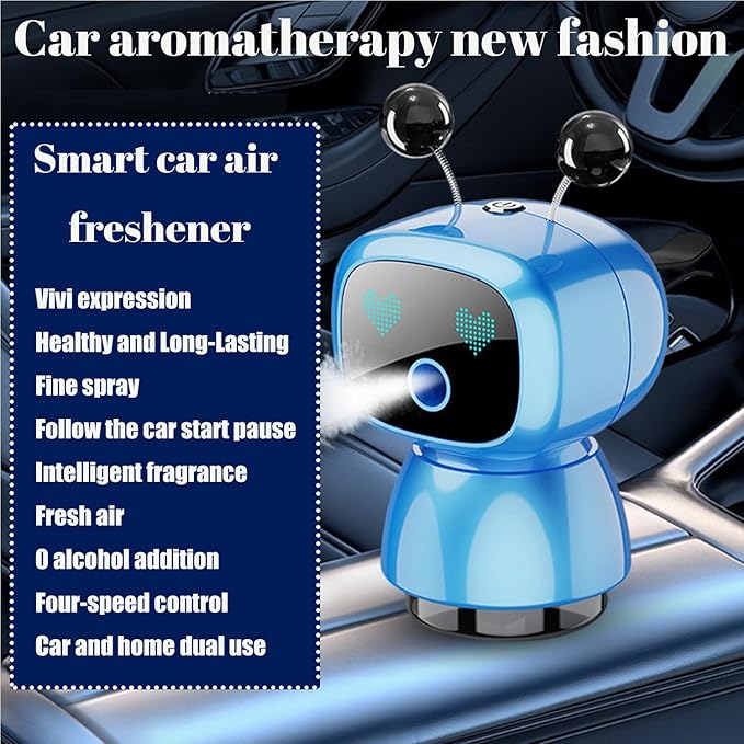 Robot Intelligent Aromatherapy Machine, Smart Cute Robot Car Air Freshener - Fine Spray/Fillable/Four-Gear Adjustment/Vibration Sensing/On-Off/Large Capacity Long-Lasting Fragrance/V3 (Blue, Ocean) - Bloomnest