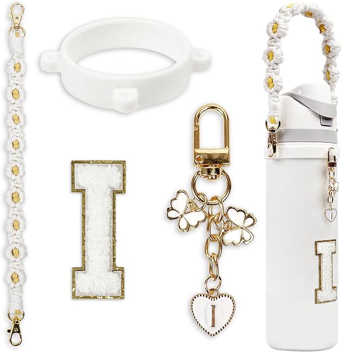 Compatible with Owala Water Bottle Accessories, Cute Letter Charm Set with Boho Handle Strap, Monogram Sticker, Silicone Ring, Keychain Decoration, for FreeSip 24 32 40oz, Owala Kids, Tumbler Gift SITKOL